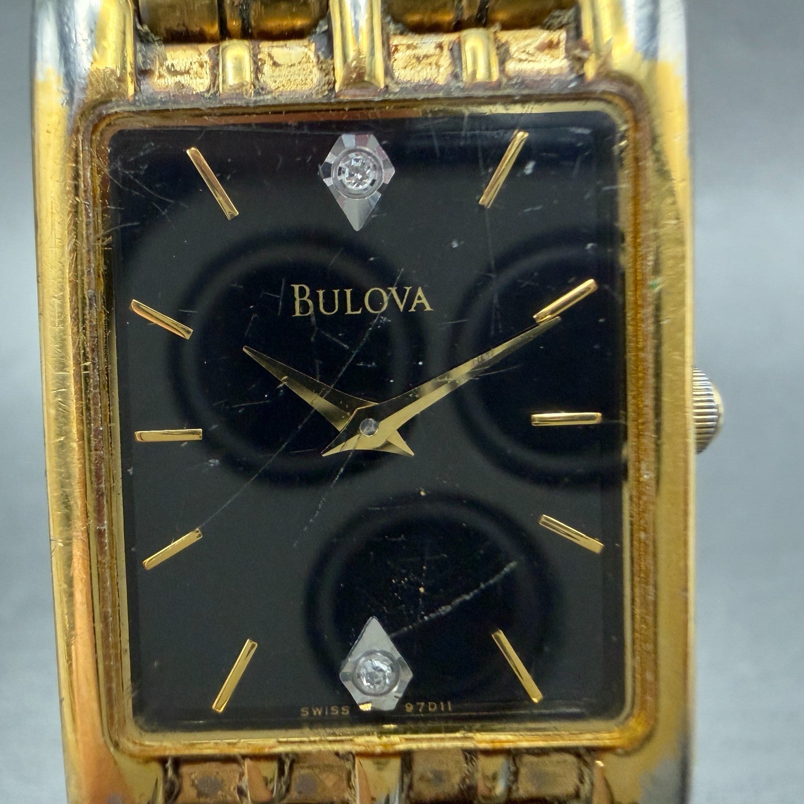 Bulova Tank Watch Men 24mm Black Dial Gold Tone Rectangle 97D11 New Battery VTG1