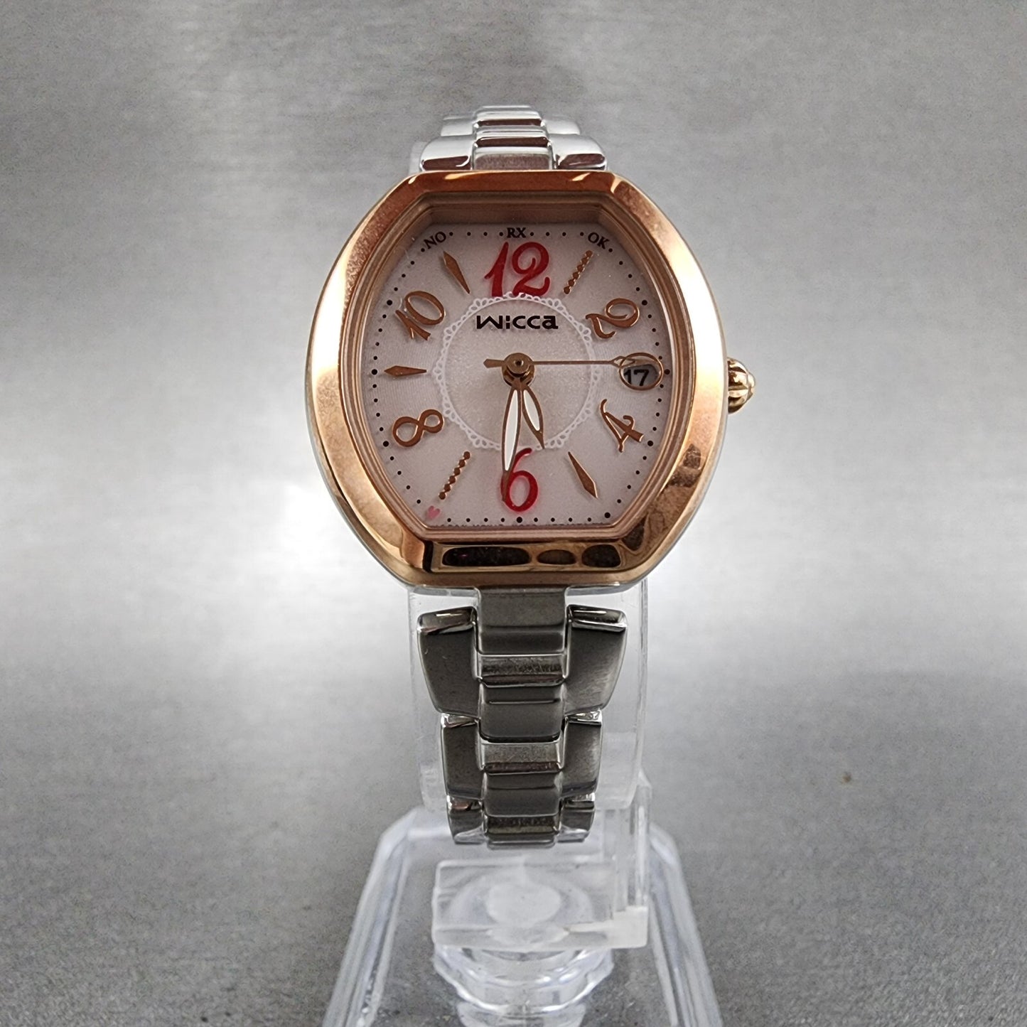 Citizen Wicca Watch Women 25mm Pink Dial Two Tone Date Atomic H0F8R007840 Works7