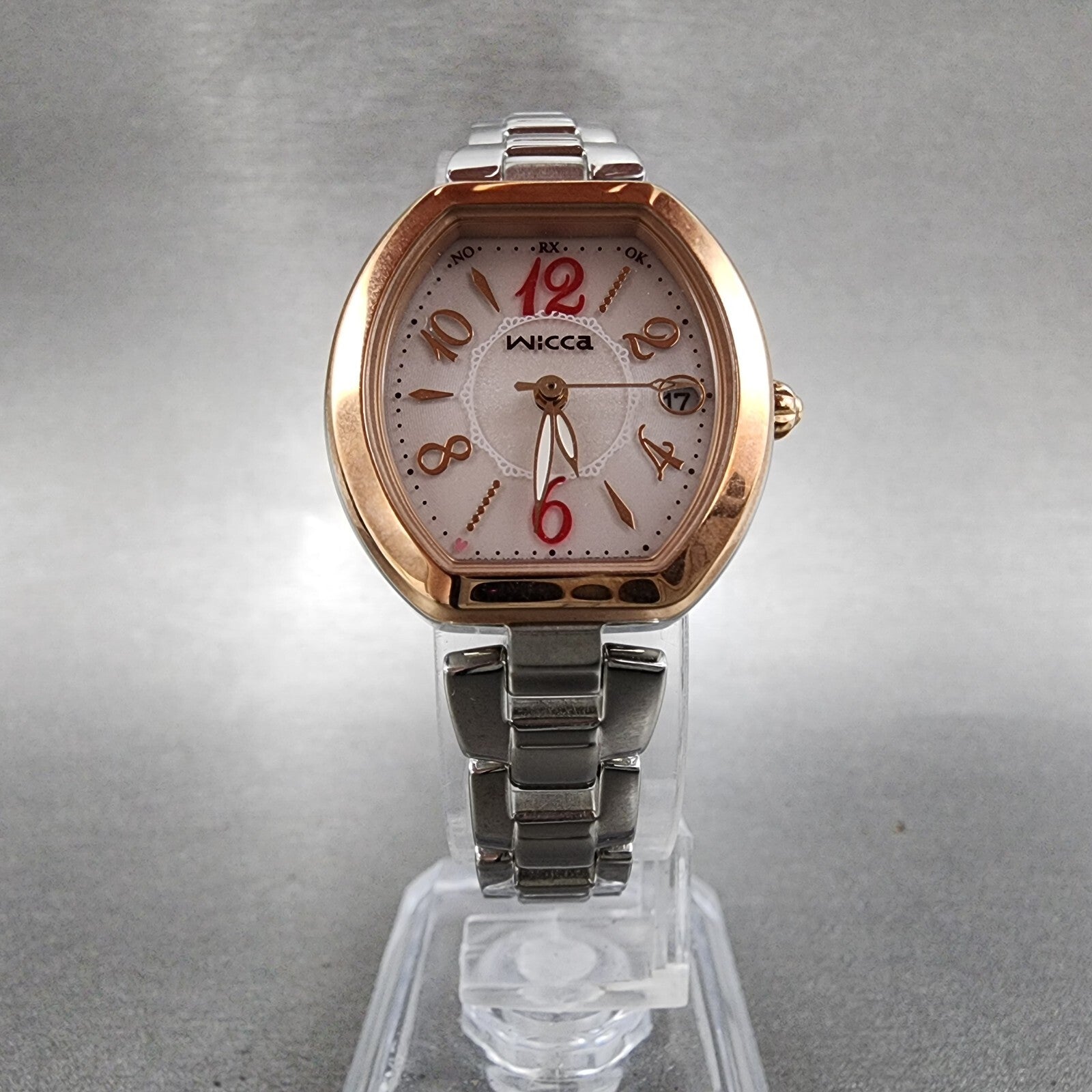 Citizen Wicca Watch Women 25mm Pink Dial Two Tone Date Atomic H0F8R007840 Works7