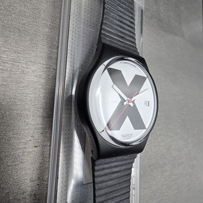 Swatch X-Rated Watch Men 34mm White Dial Black Tone Date GB406 New Battery NOS5