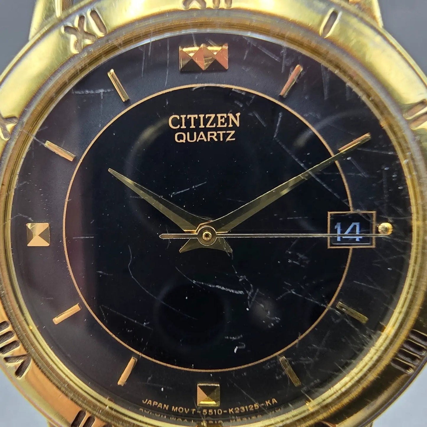 Citizen Watch Men 33mm Black Dial Gold Tone Date Round 5510-K06860 New Battery F1