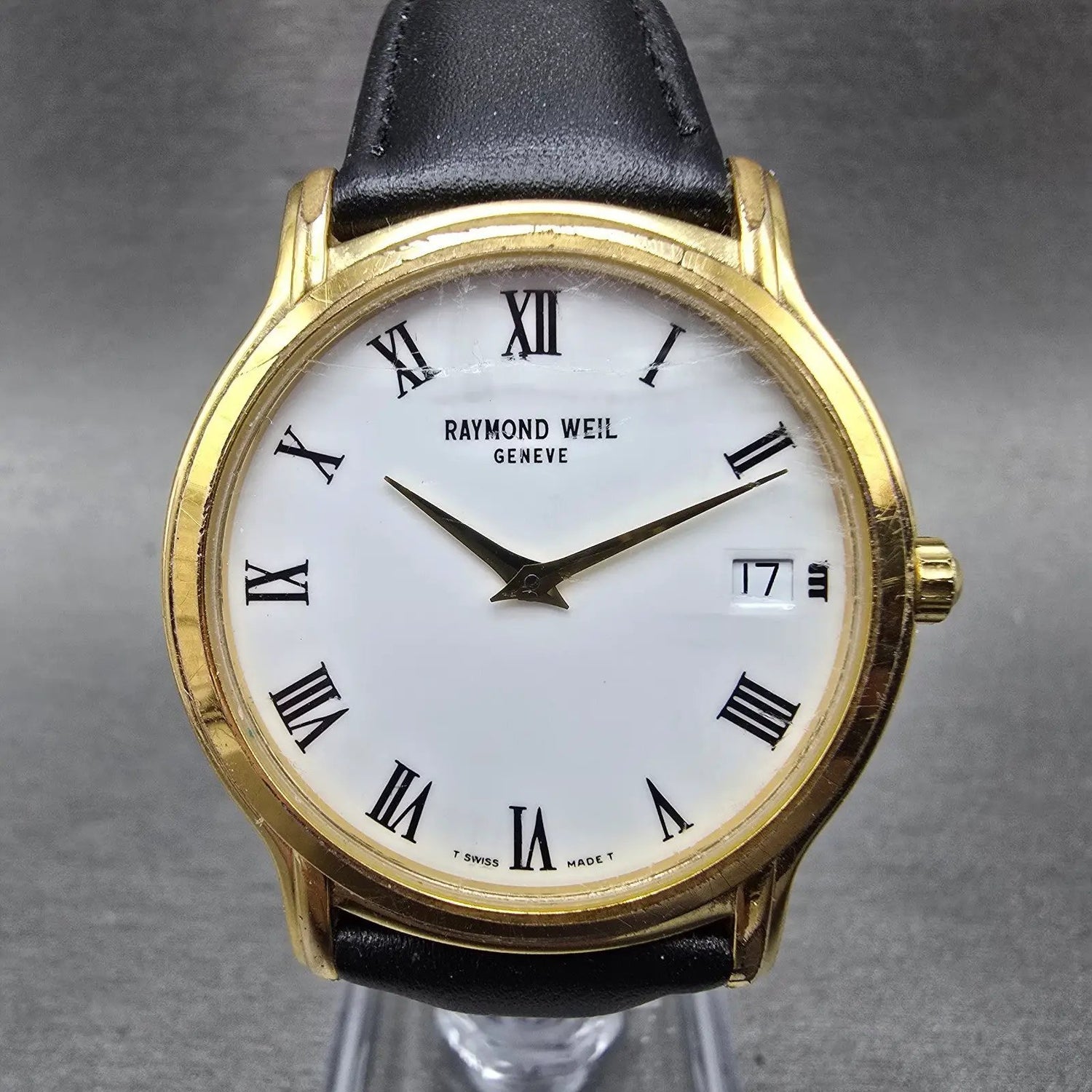 Raymond Weil Watch Men 34mm White Dial Gold Tone Date Round 5569 New Battery0