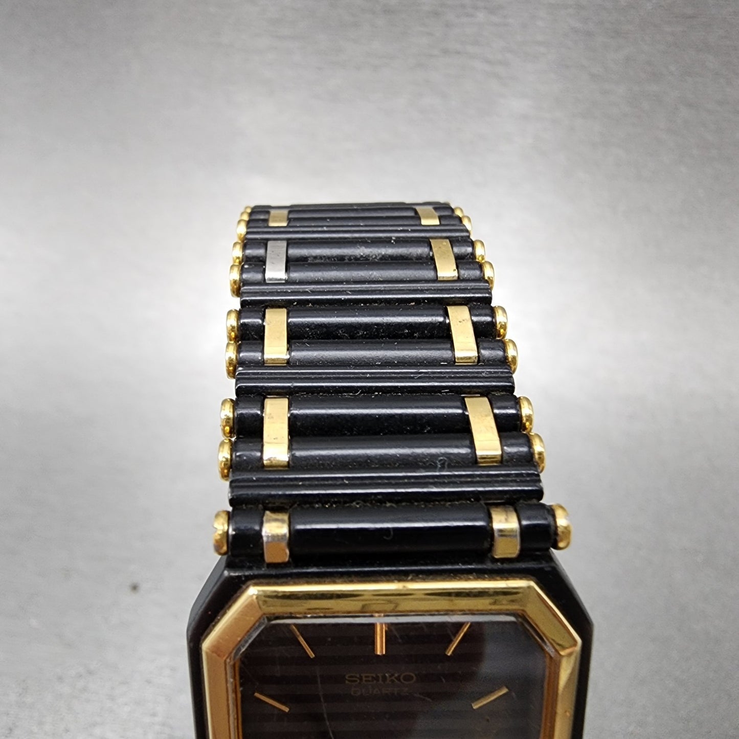 Seiko Tank Watch Men 24mm Black DIal Black & Gold Tone Octagon 7430-5810 PARTS