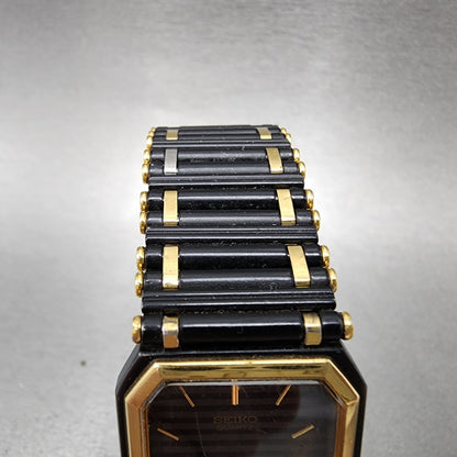 Seiko Tank Watch Men 24mm Black DIal Black & Gold Tone Octagon 7430-5810 PARTS