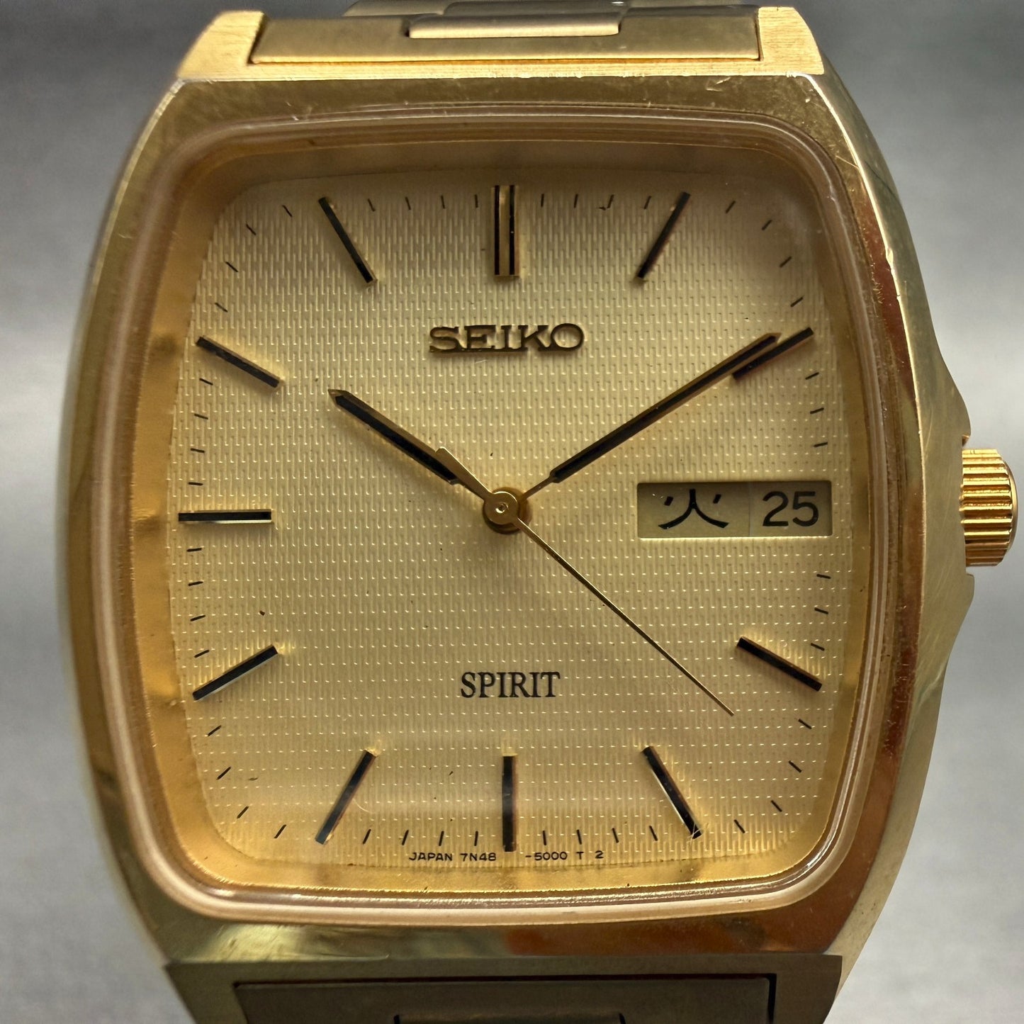 Seiko Spirit Watch Men 32mm Champagne Dial Gold Tone Daydate 7N48-5000 New Batt1
