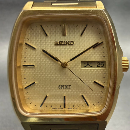 Seiko Spirit Watch Men 32mm Champagne Dial Gold Tone Daydate 7N48-5000 New Batt1