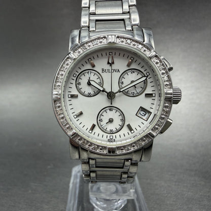 Bulova Chronograph Watch Women 30mm White Dial Silver Tone Date 96R19 New BattAB0