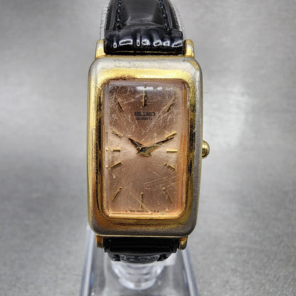 VTG Seiko Tank Watch Women 17mm Pink Dial Gold Tone Rectangle 1N005C99 New Batt0