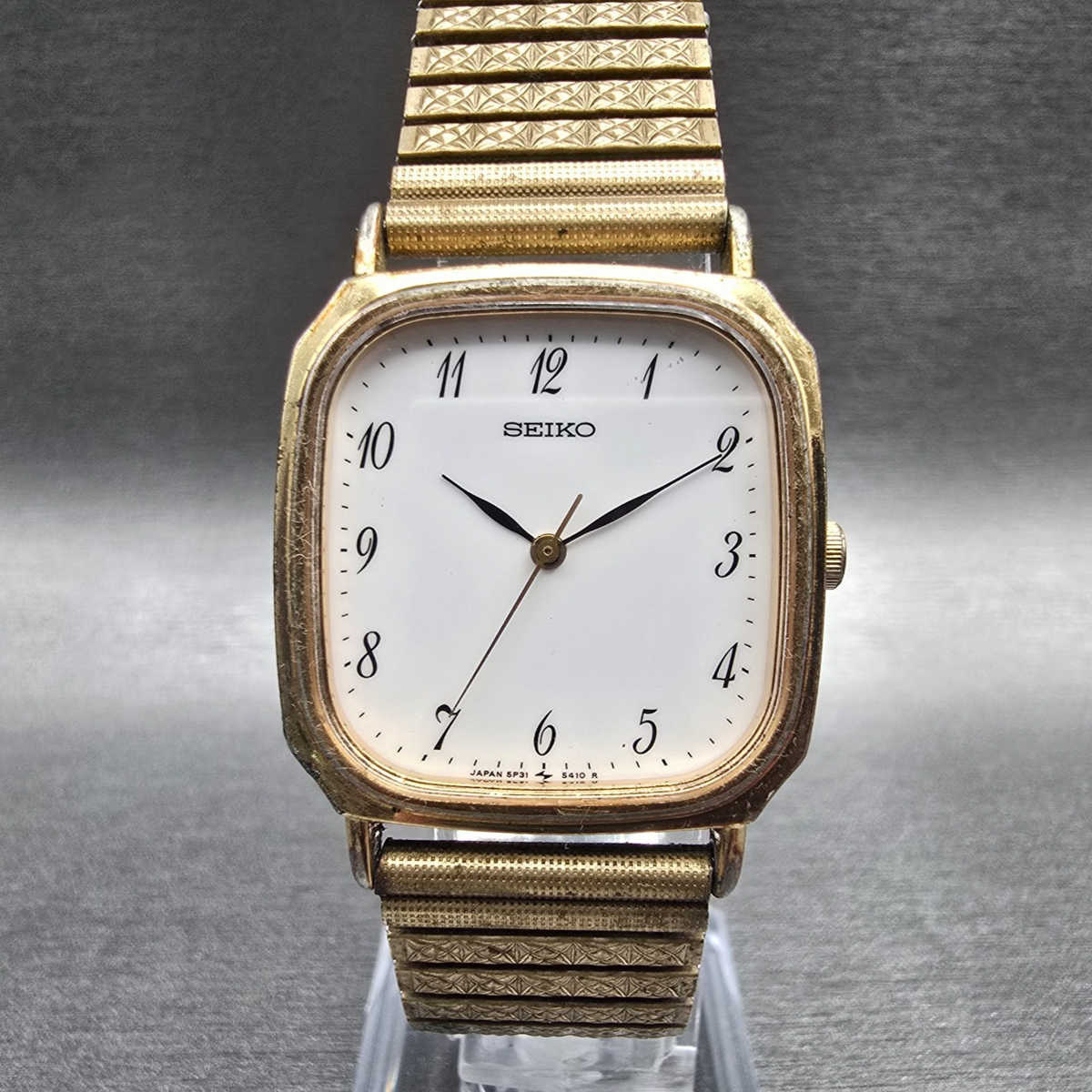 Seiko Watch Men 27mm White Dial Gold Tone Rectangle 5P31-5270 New Battery0