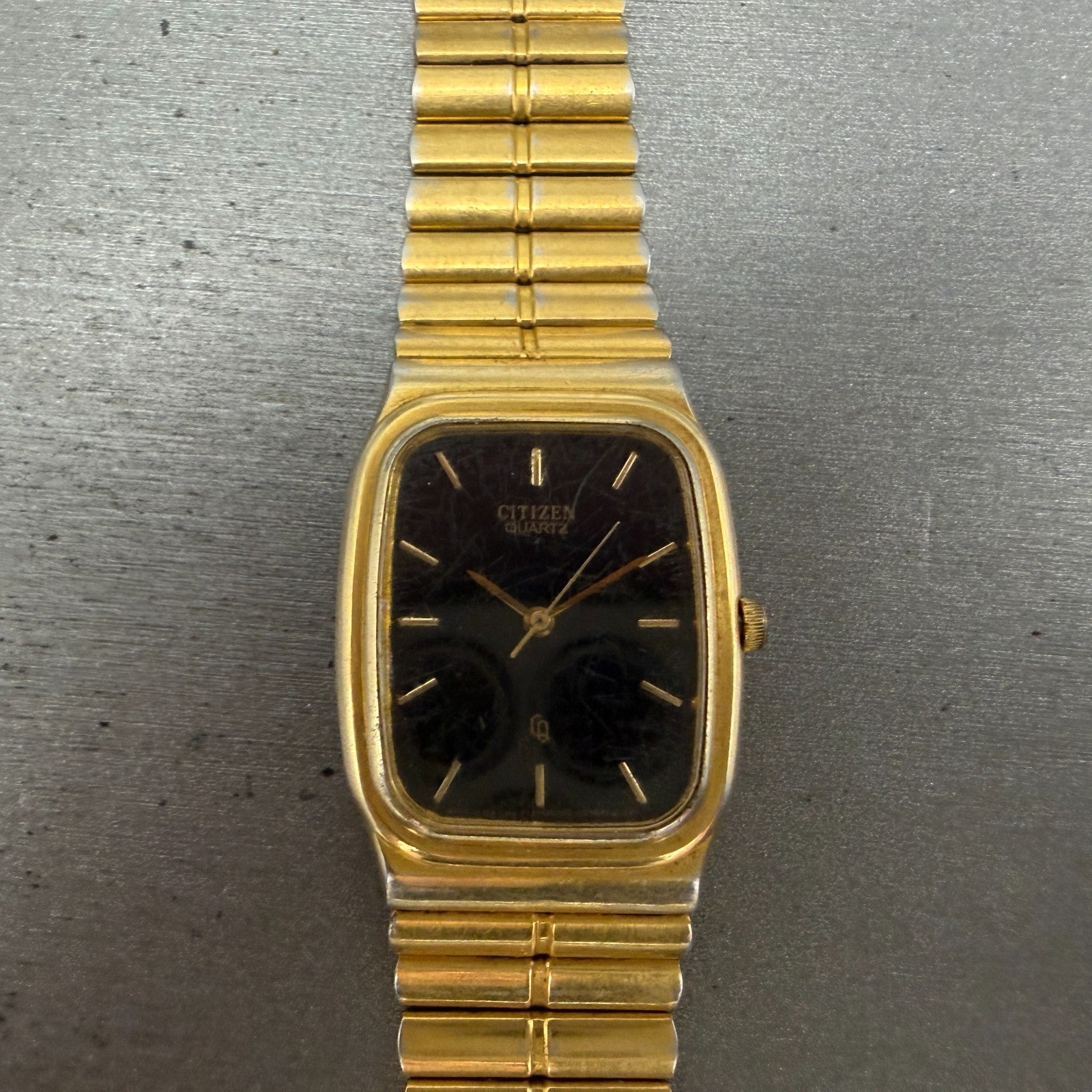Citizen CQ Tank Watch Men 26mm Black Dial Gold Tone Rectangle 6030-S60244 PARTS0