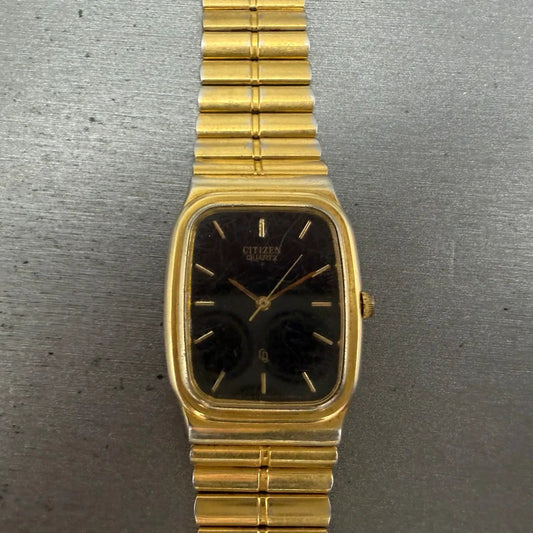Citizen CQ Tank Watch Men 26mm Black Dial Gold Tone Rectangle 6030-S60244 PARTS0