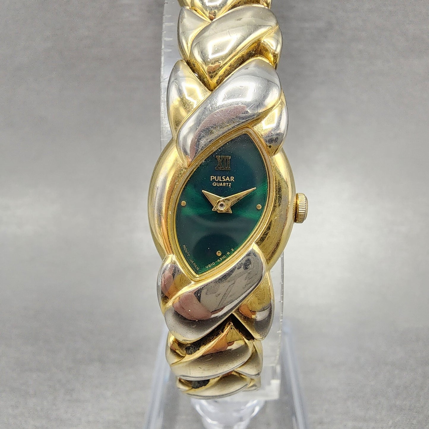 Pulsar Watch Women 17mm Green Dial Gold Tone Oval V8106250 New Battery0