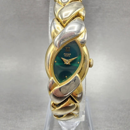 Pulsar Watch Women 17mm Green Dial Gold Tone Oval V8106250 New Battery0