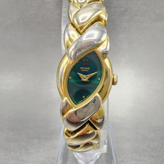 Pulsar Watch Women 17mm Green Dial Gold Tone Oval V8106250 New Battery0