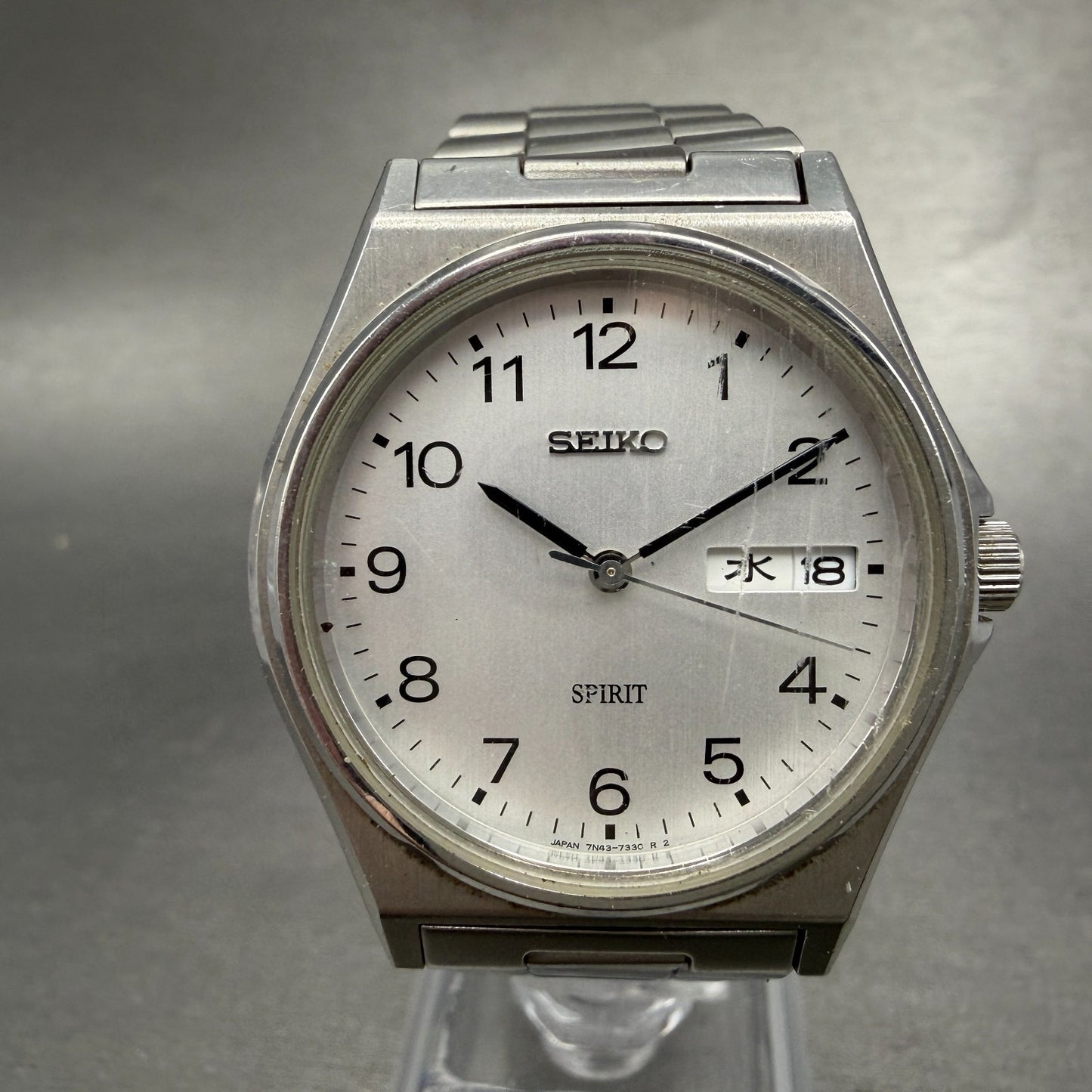 Seiko Spirit Watch Men 35mm Silver Dial Silver Tone Daydate 7N43-7180 NewBattery0