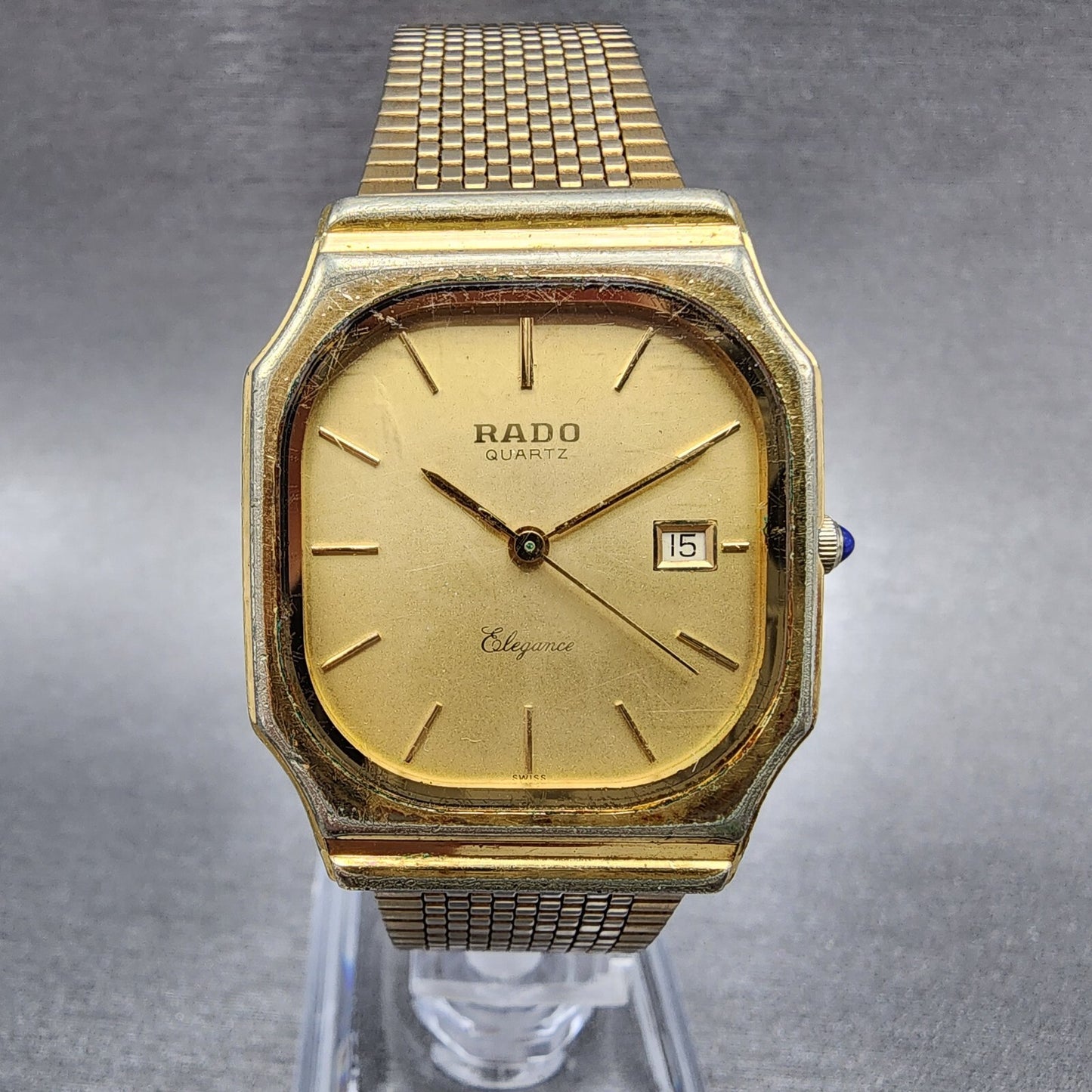 Rado Elegance Watch Men 28mm Gold Dial Gold Tone Date Octagon READ!!! New Batt0
