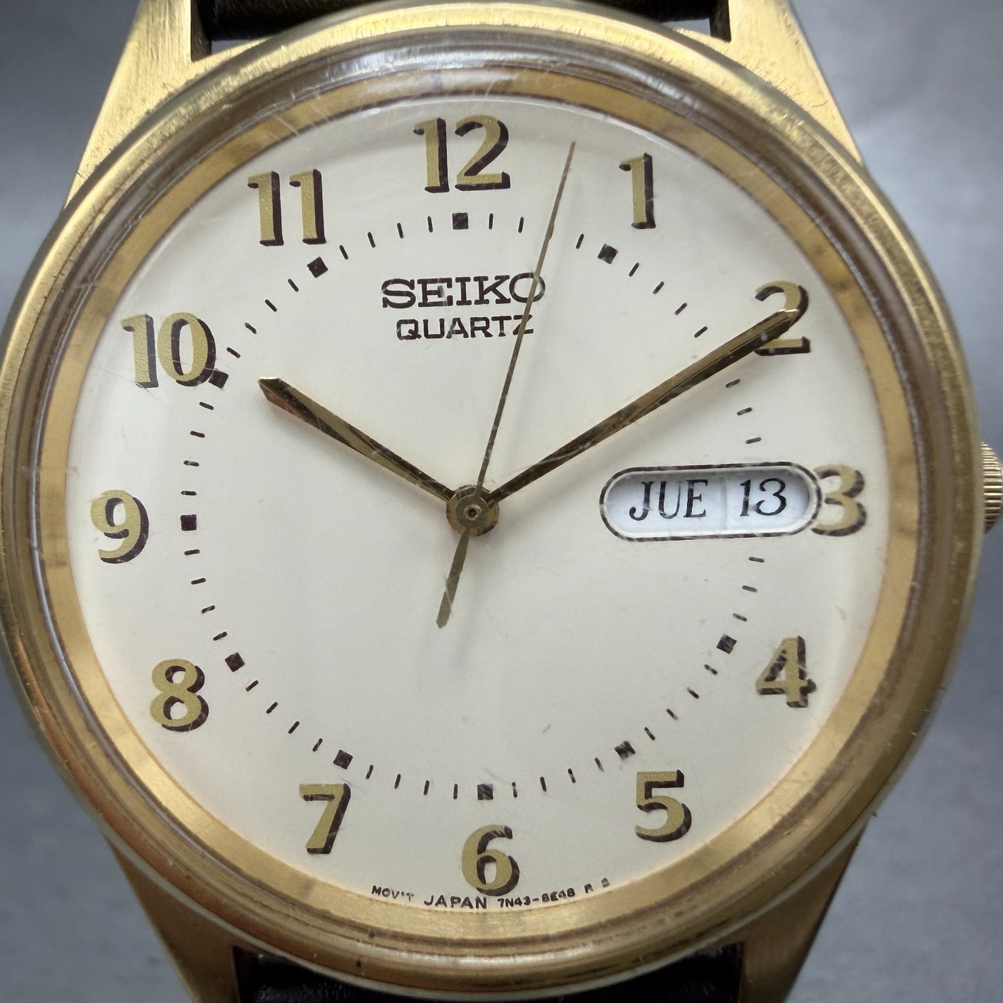 Seiko Watch Men 35mm Cream Dial Gold Tone Daydate Round 7N43-8A39 New Battery1