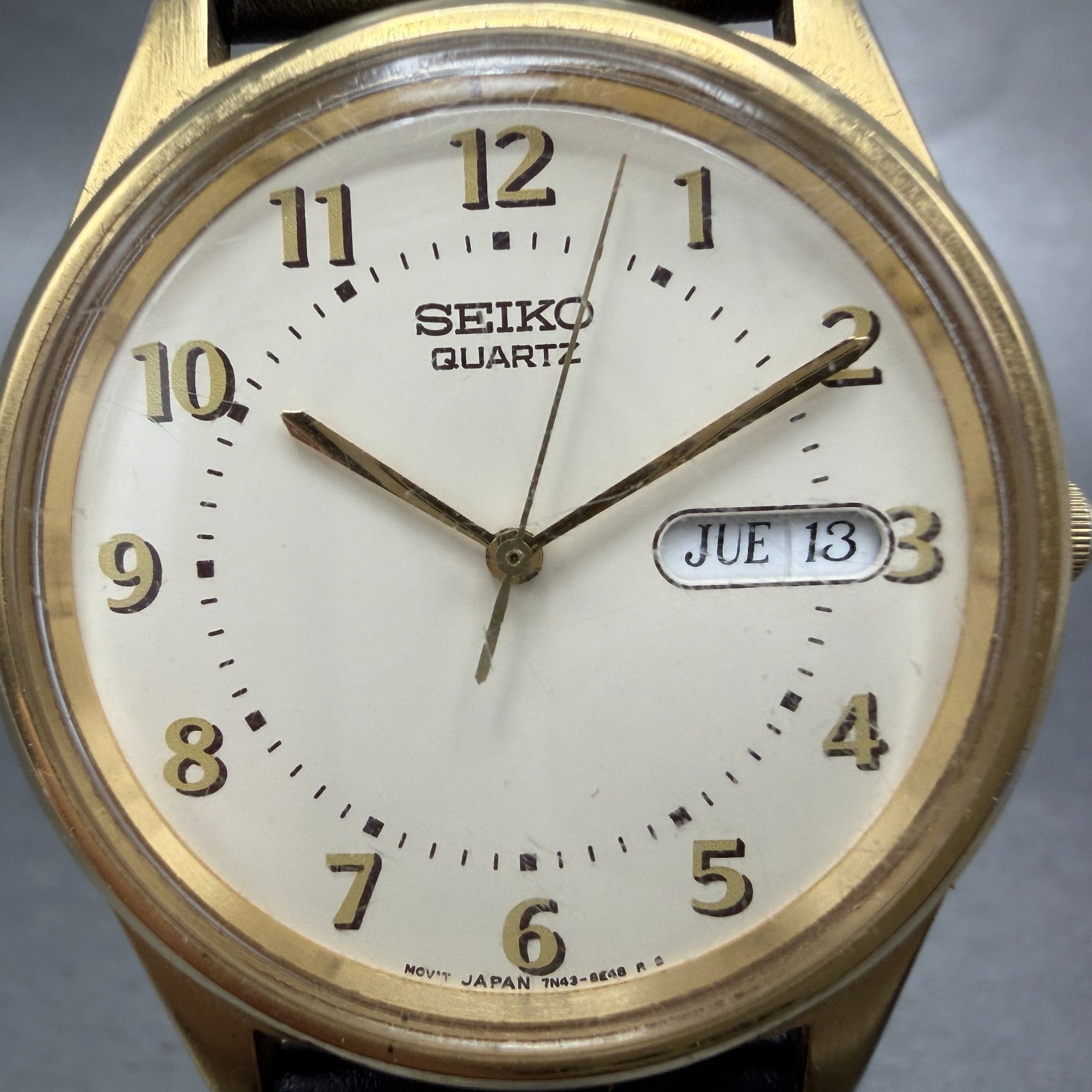 Seiko Watch Men 35mm Cream Dial Gold Tone Daydate Round 7N43-8A39 New Battery1