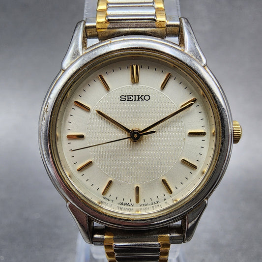 VTG Seiko Watch Women 24mm Champagne Dial Two Tone Round V701-1930 New Battery