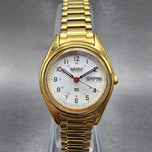 Seiko SQ Watch Women 24mm White Dial Gold Tone Daydate Round 7N83-6A09 New Batt