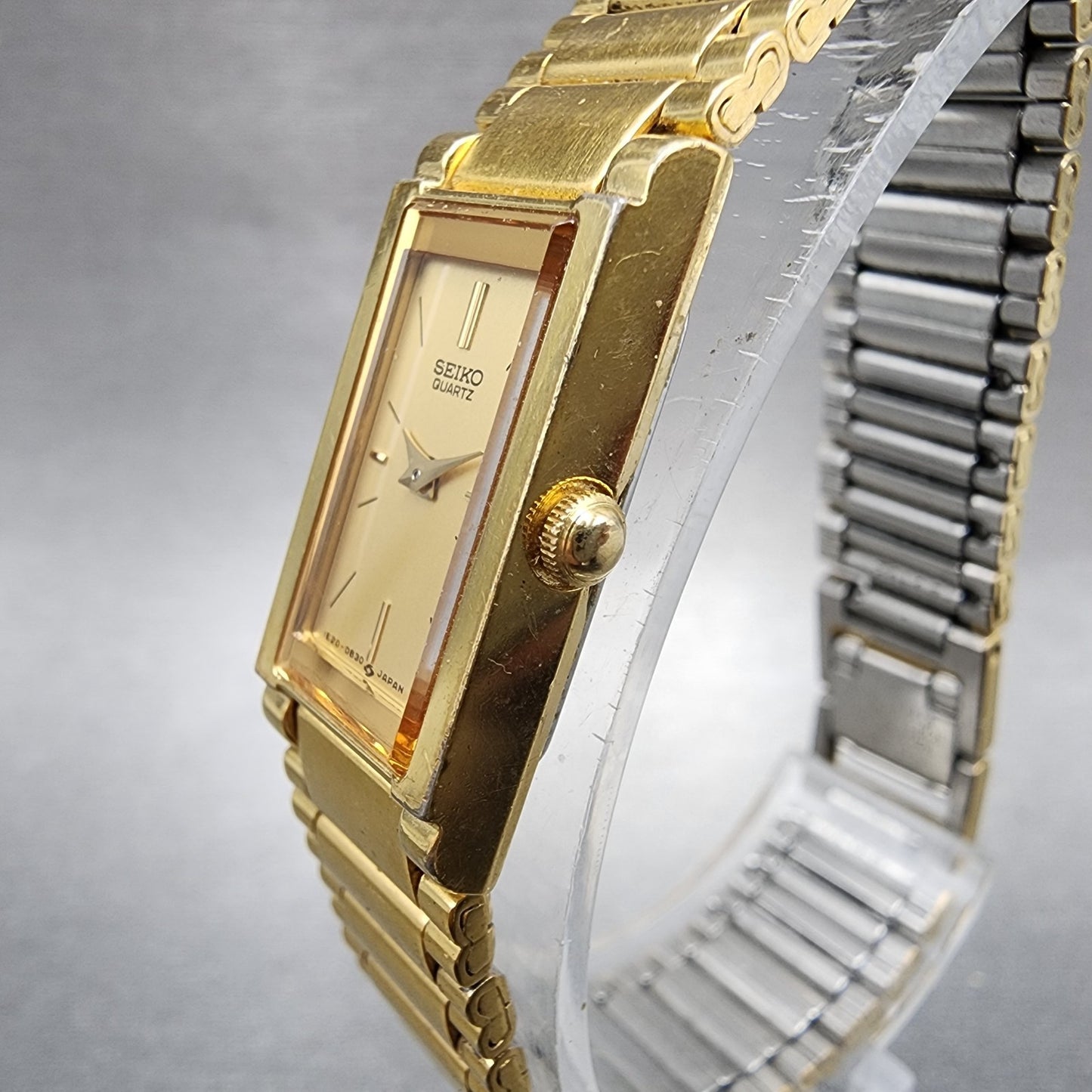 Seiko Tank Watch Women 13mm Champagne Dial Gold Tone 1e205519 New Battery2