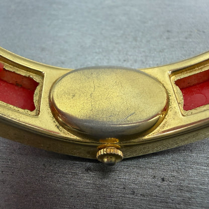 Lucerne bangle Watch Women 18mm Red Dial Gold Tone Oval Manual  Wind Runs VTG9