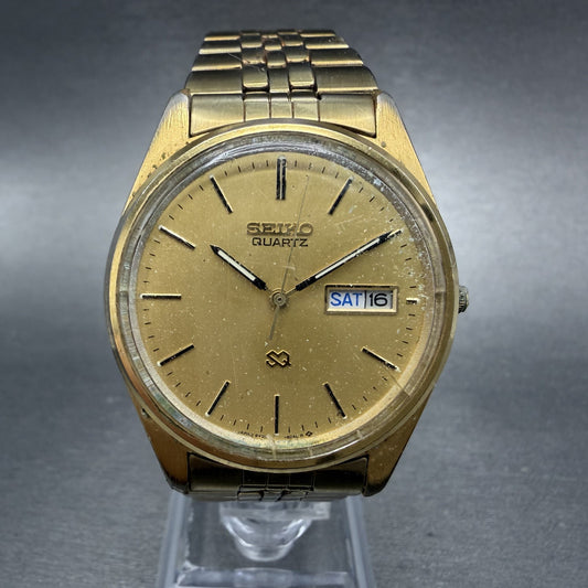 Seiko SQ Watch Men 35mm Gold Dial Gold Tone Daydate Round 5Y23-8040 New Battery0