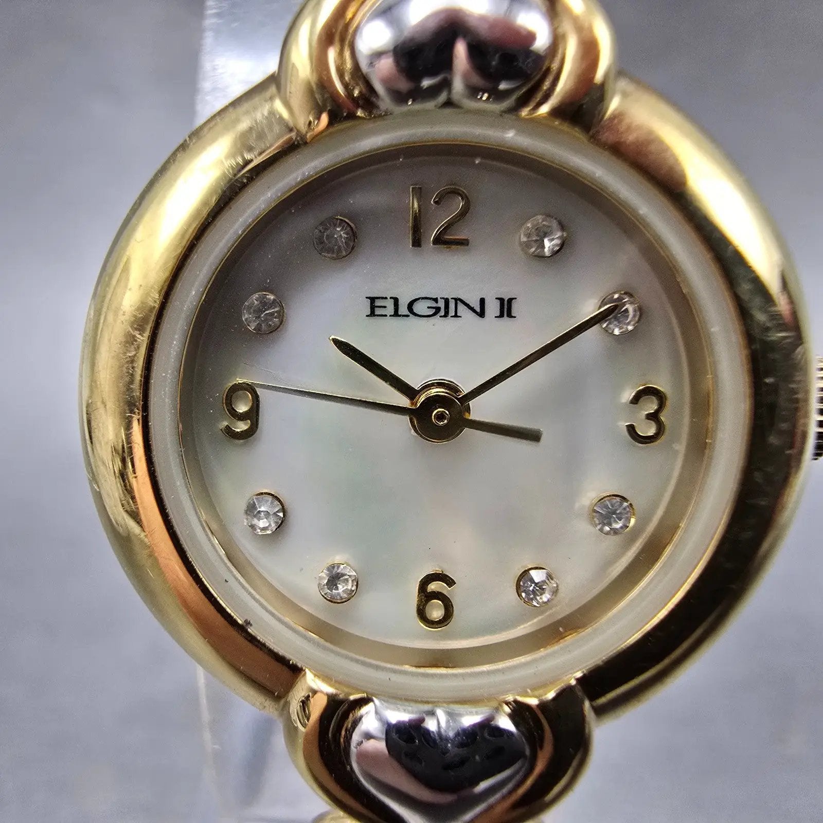 Elgin Watch Women 22mm MOP Dial Gold Tone Round Hearts ELT208ST New Battery1