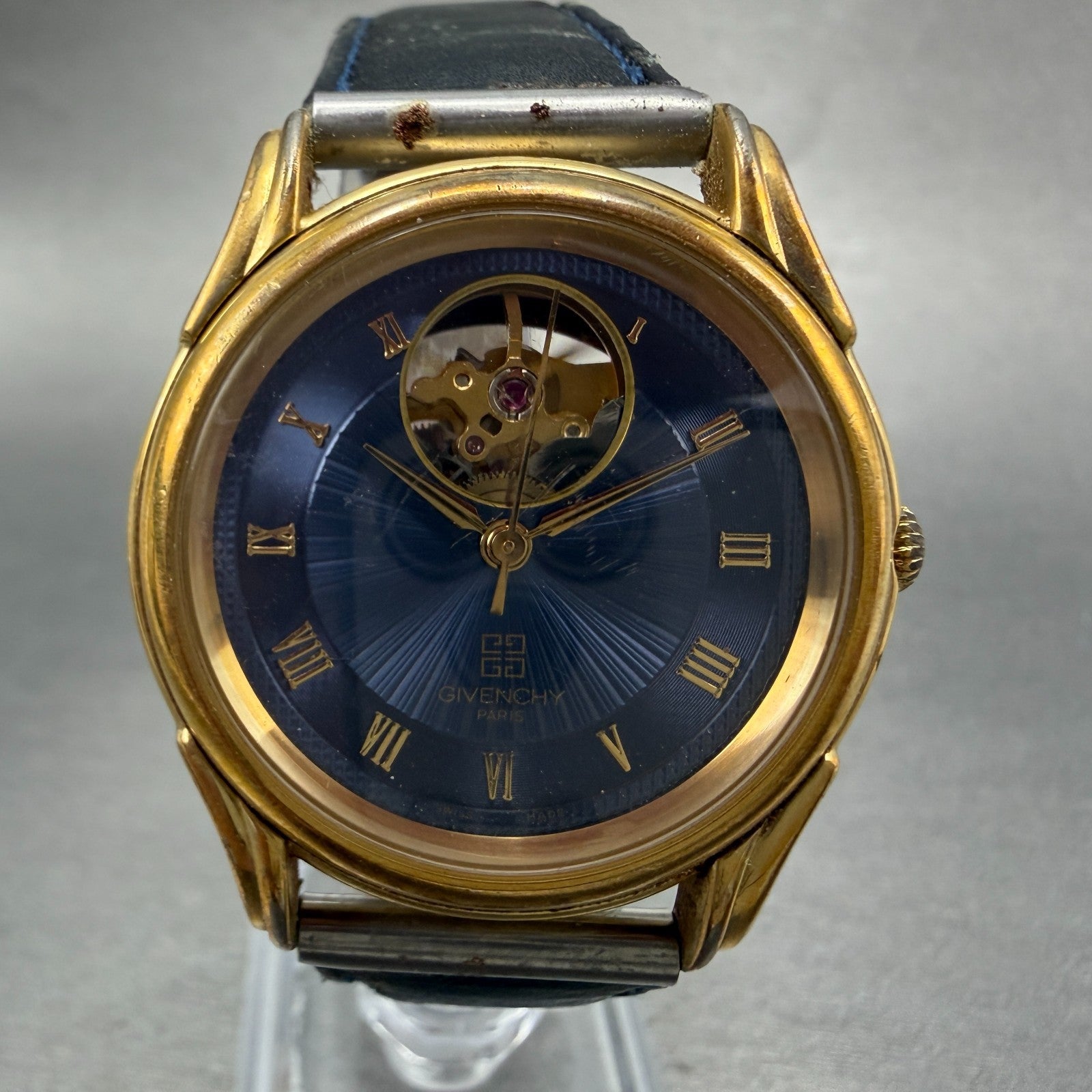 Givenchy Automatic Watch Men 34mm Blue Dial Gold Tone Round Swiss READ!!!!! Runs0