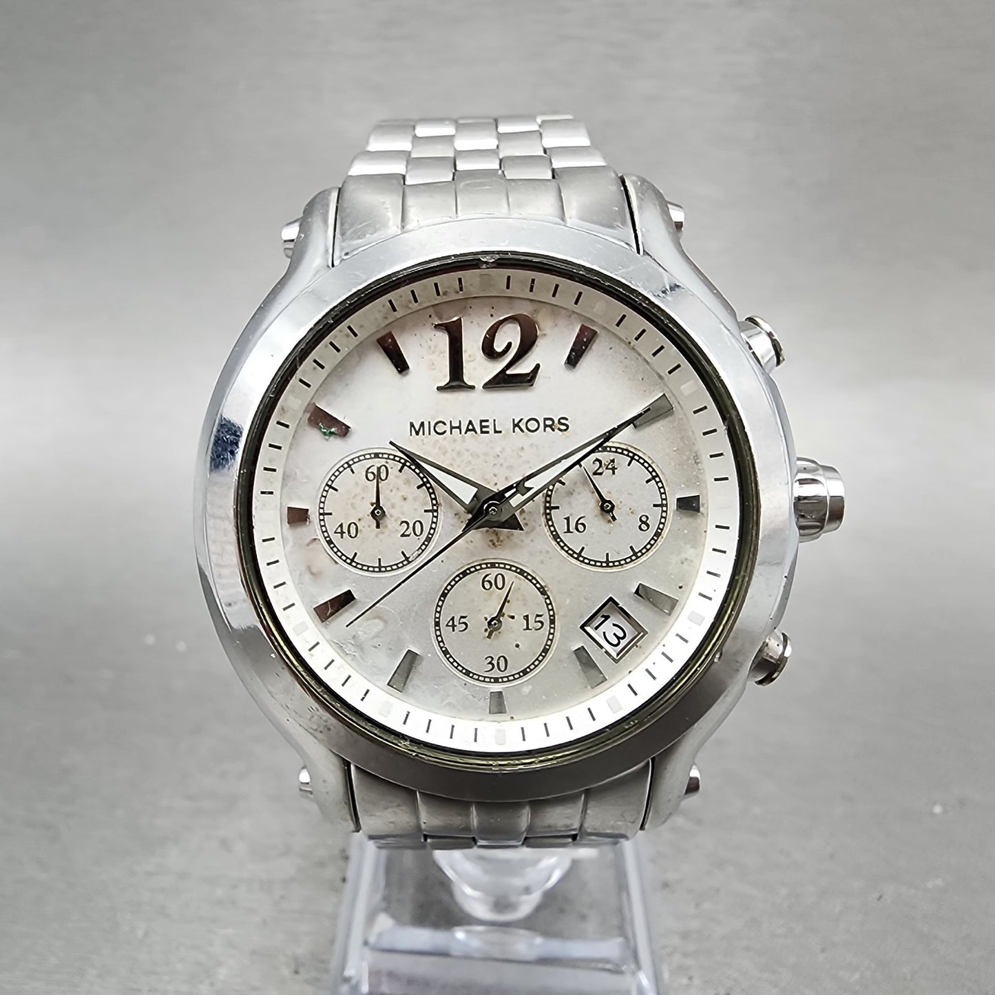 Michael Kors Chronograph Watch Women 41mm White Dial Silver Date MK5171 New Batt0