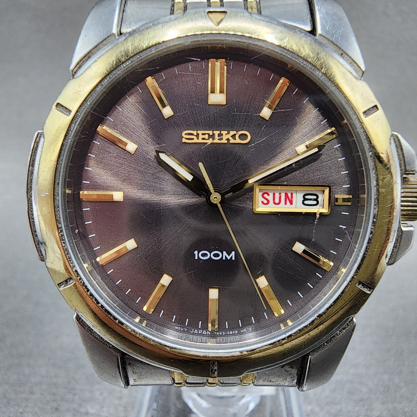 Seiko 100m Watch Men 39mm Silver Dial Two Tone Daydate Round 7n430az0 PARTS2