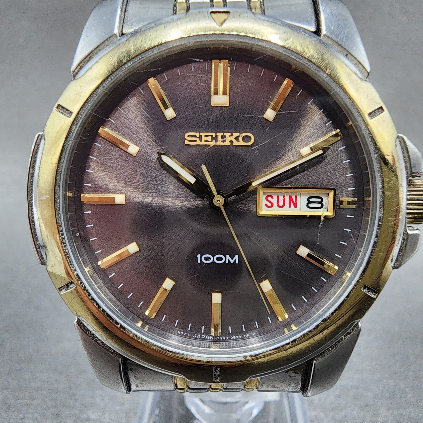 Seiko 100m Watch Men 39mm Silver Dial Two Tone Daydate Round 7n430az0 PARTS2