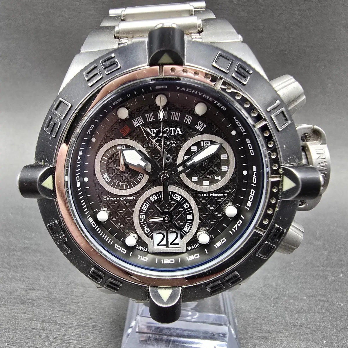Invicta Subaqua Noma Chrono Watch Men 50mm Black Dial Silver Daydate New Battery0