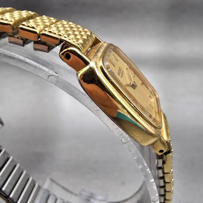 Seiko Watch Women 17mm Gold Dial Gold Tone Rectangle 1N00-5K29 New Battery VTG F3