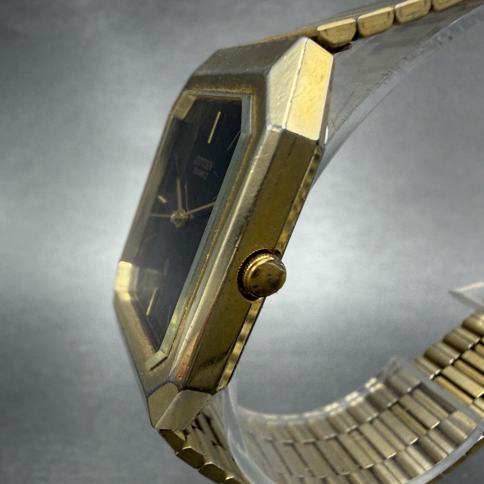 Citizen CQ Tank Watch Men 26mm Black Dial Gold Tone Octagon New Battery VHE2