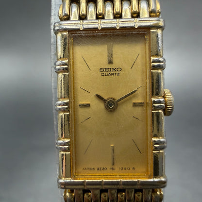 Seiko Tank Watch Women 12mm Champagne Dial Gold Tone 2e20-5079 New Battery HN41