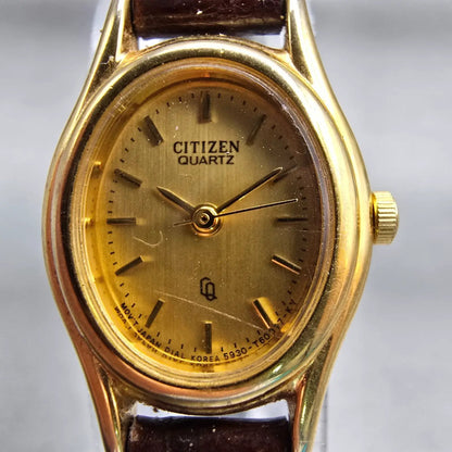 Citizen CQ Watch Women 18mm Gold Dial Gold Tone Oval 5930 New Battery Vintage1