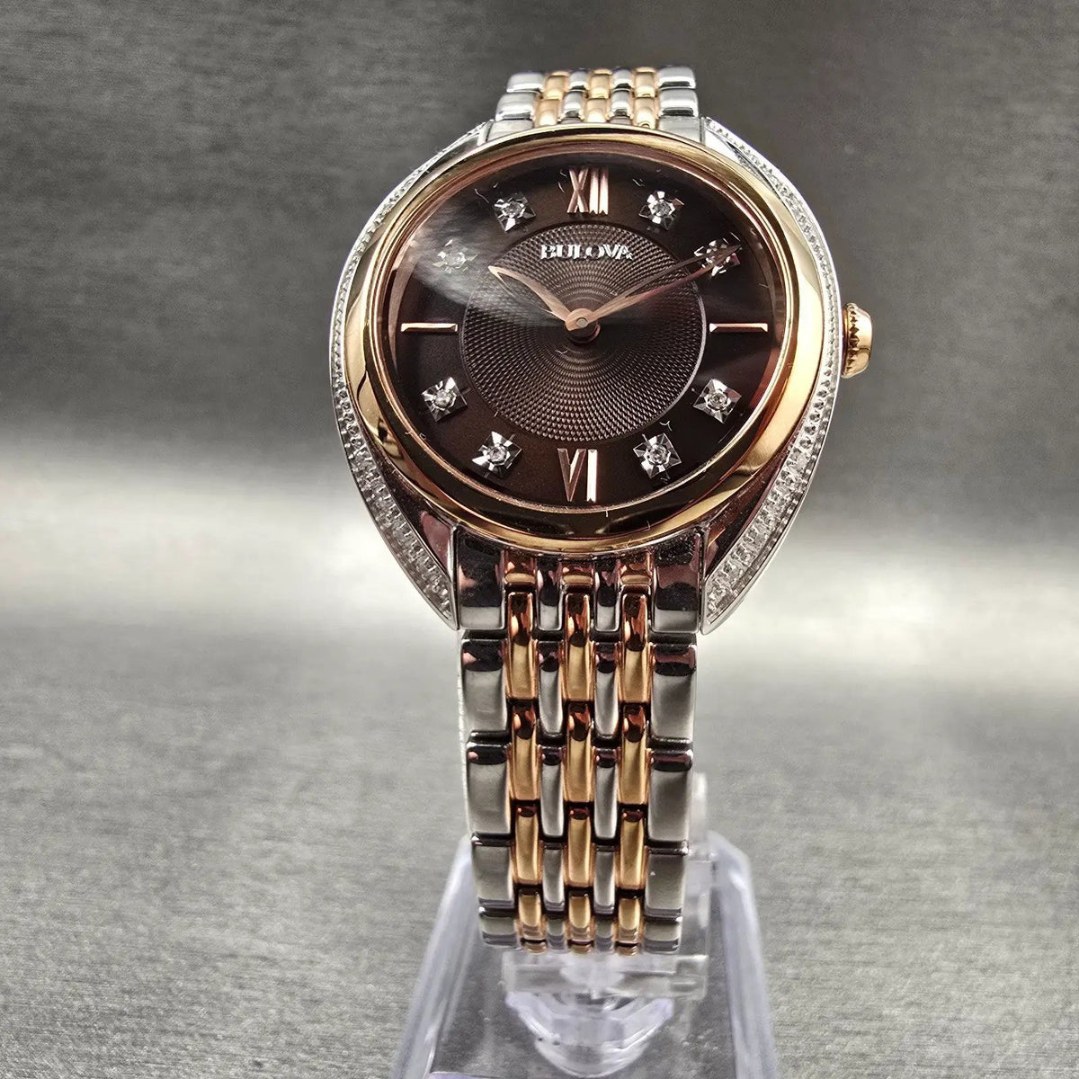 Bulova Watch Women 30mm Brown Dial Two Tone Gemmed Oval 98R230 New Battery5