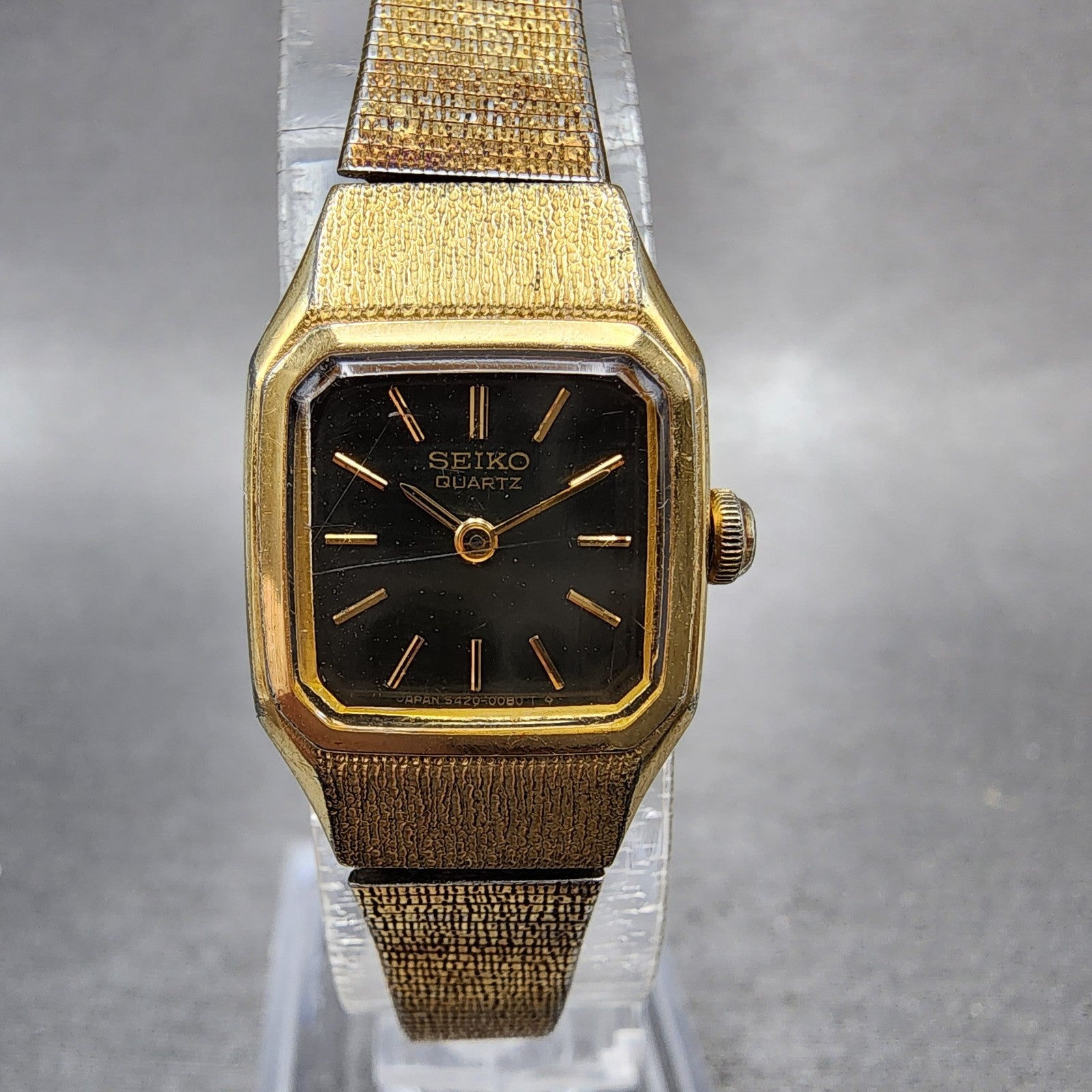 Seiko Tank Watch Women 17mm Brown Dial Gold Tone Rectangle 54205019 New Battery0