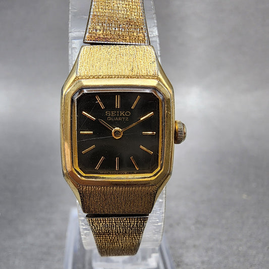 Seiko Tank Watch Women 17mm Brown Dial Gold Tone Rectangle 54205019 New Battery0