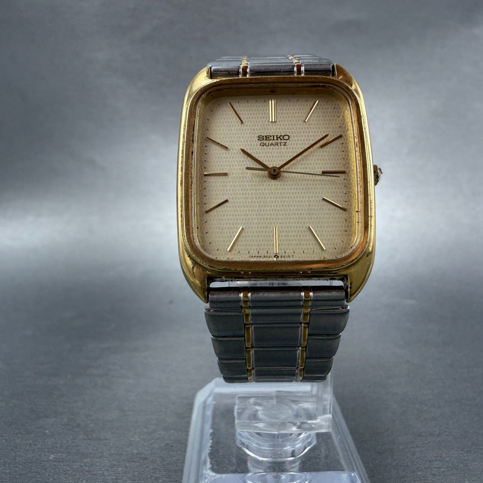 Seiko Tank Watch Men 28mm Champagne Dial Two Tone Rectangle 9021-517C NewBattery5