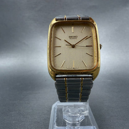 Seiko Tank Watch Men 28mm Champagne Dial Two Tone Rectangle 9021-517C NewBattery5