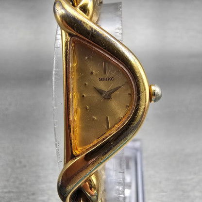 Seiko Half moon Watch Women 15mm Gold Dial Gold Asymmetrical 1F20-6C99 New Batt1