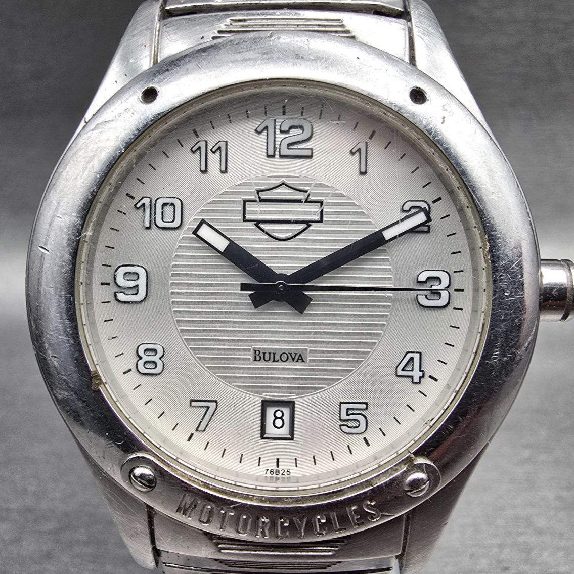 Bulova Harley Davidson Watch Men 40mm Silver Dial Silver Tone Date 76B25 New Bat1