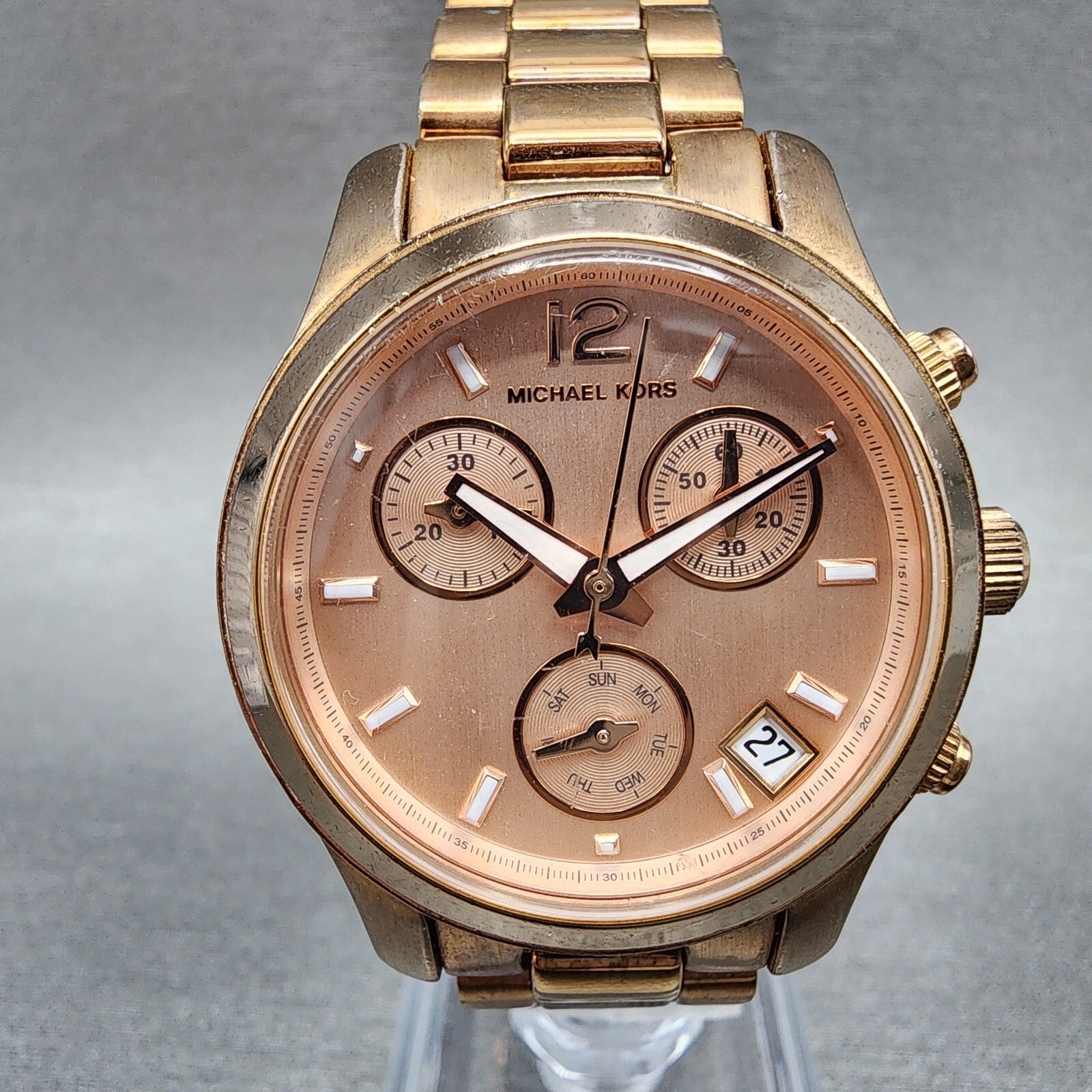 Michael Kors Runway Chronograph Watch Women 33mm Rose Dial Rose Gold Tone NewBat0