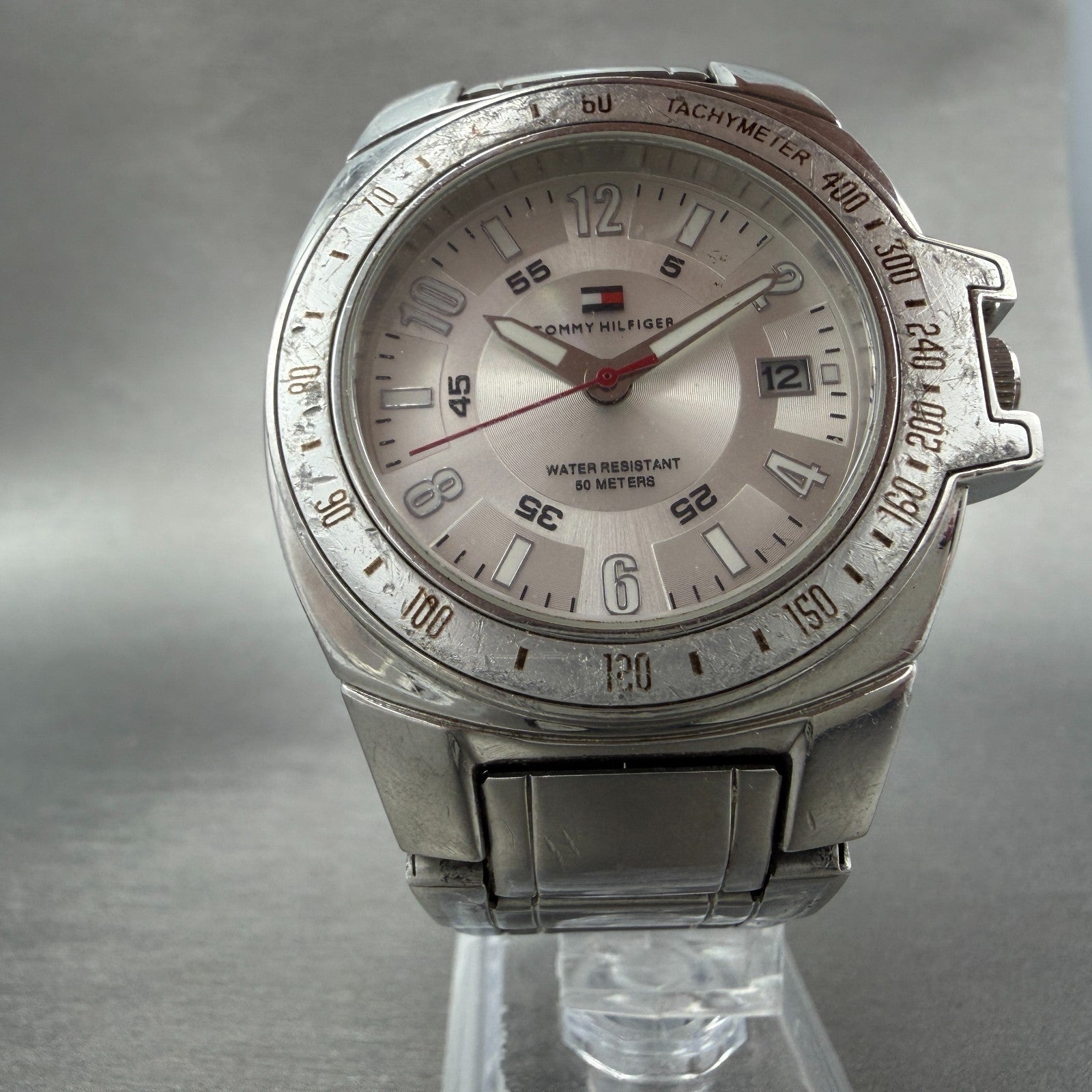 Tommy Hilfiger Watch Men 42mm White Silver Tone Date Round F90272 New Battery5