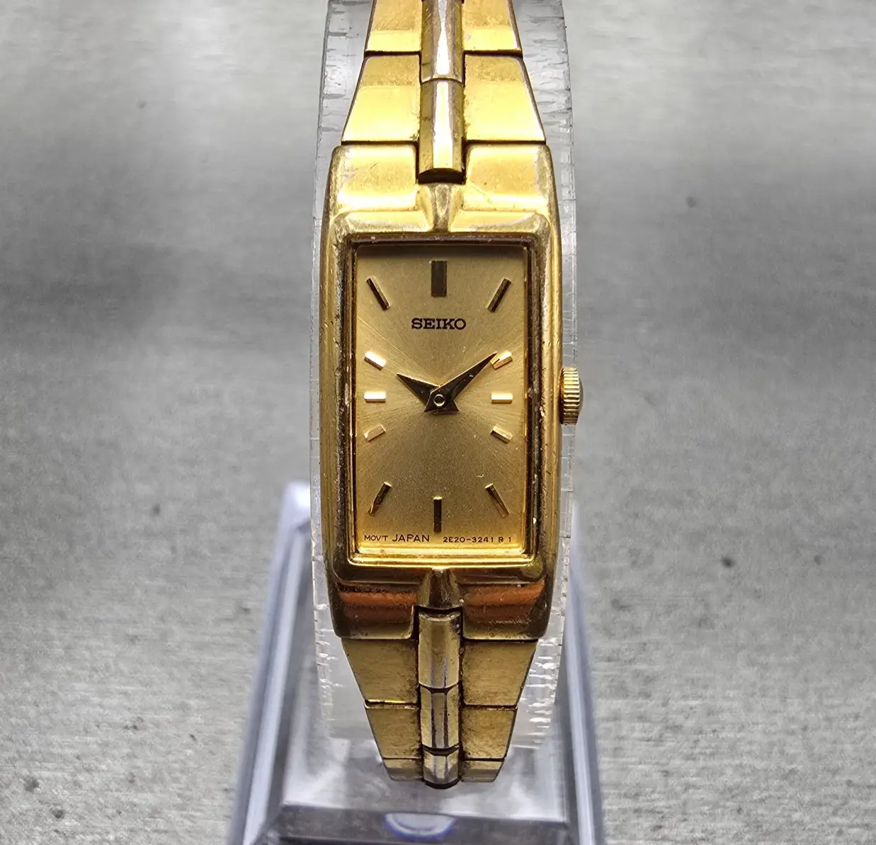 Seiko Watch Women 13mm Gold Dial Gold Tone Rectangle 2E20-7479 New Battery VTG0