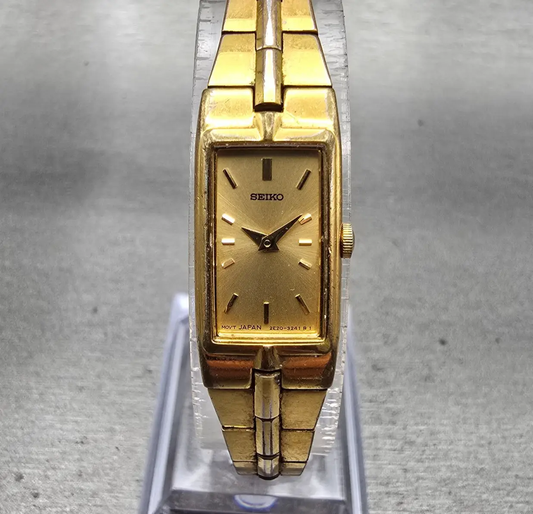 Seiko Watch Women 13mm Gold Dial Gold Tone Rectangle 2E20-7479 New Battery VTG0
