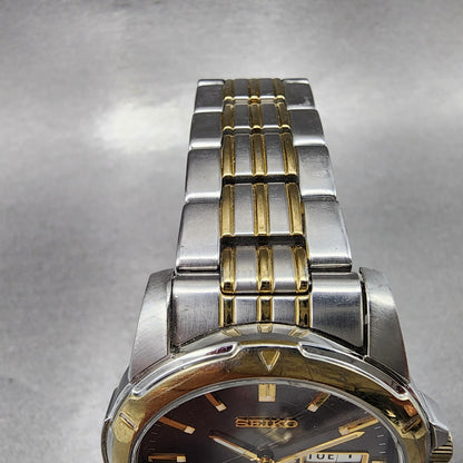 Seiko Watch Men 39mm Black Dial Two Tone Round Daydate 7n430az0 New Batttery4
