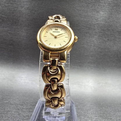 Seiko Watch Women 19mm Champagne Dial Gold Tone Round V400-1130 New Battery VTG5